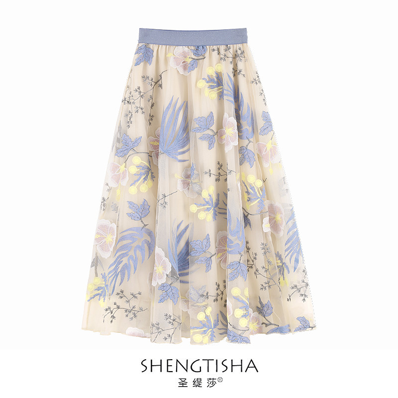 2023夏季新款法式小众重工刺绣花显瘦半身裙女高腰a字中长裙大花