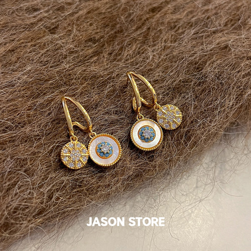 JASON/S925银针法式复古锆石贝母耳环女小众高级感轻奢气质耳饰品
