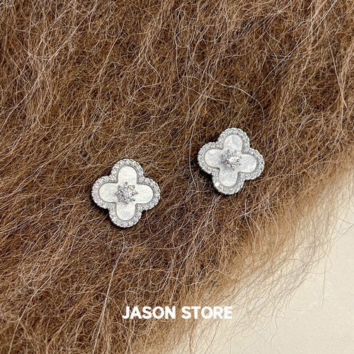 JASON/法式复古四叶草耳钉女满钻贝母温柔风轻奢精致小众气质耳饰