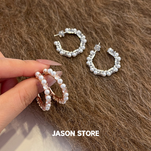 JASON/气质镶钻珍珠耳圈女轻奢高级感精致独特漂亮耳饰品2026新款