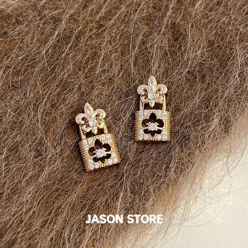JASON/鸢尾花锁头耳钉女满钻金色轻奢高级感耳环法式精致气质耳饰