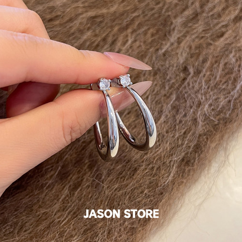 JASON/S925银针单钻C形大耳圈耳环女精致轻奢高级感时尚素圈耳饰