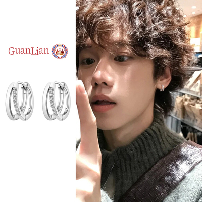 耳环男士小众独特设计感个性双环耳扣简约潮流耳钉男镶钻耳饰耳圈