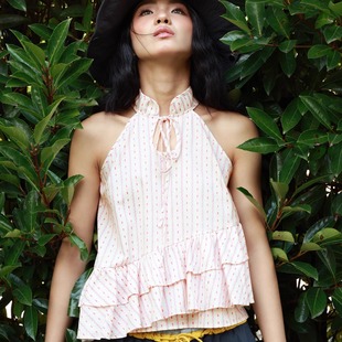 FONS32国风女装绝美新中式上衣镂空旗袍领荷叶边上衣挂脖背心女