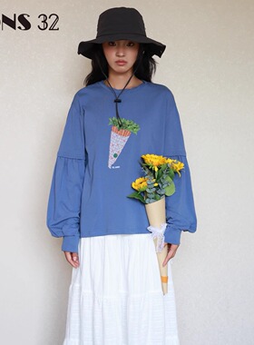FONS32 韩系穿搭印花假两件秋上衣女新款长袖t恤女2025新款罩衫