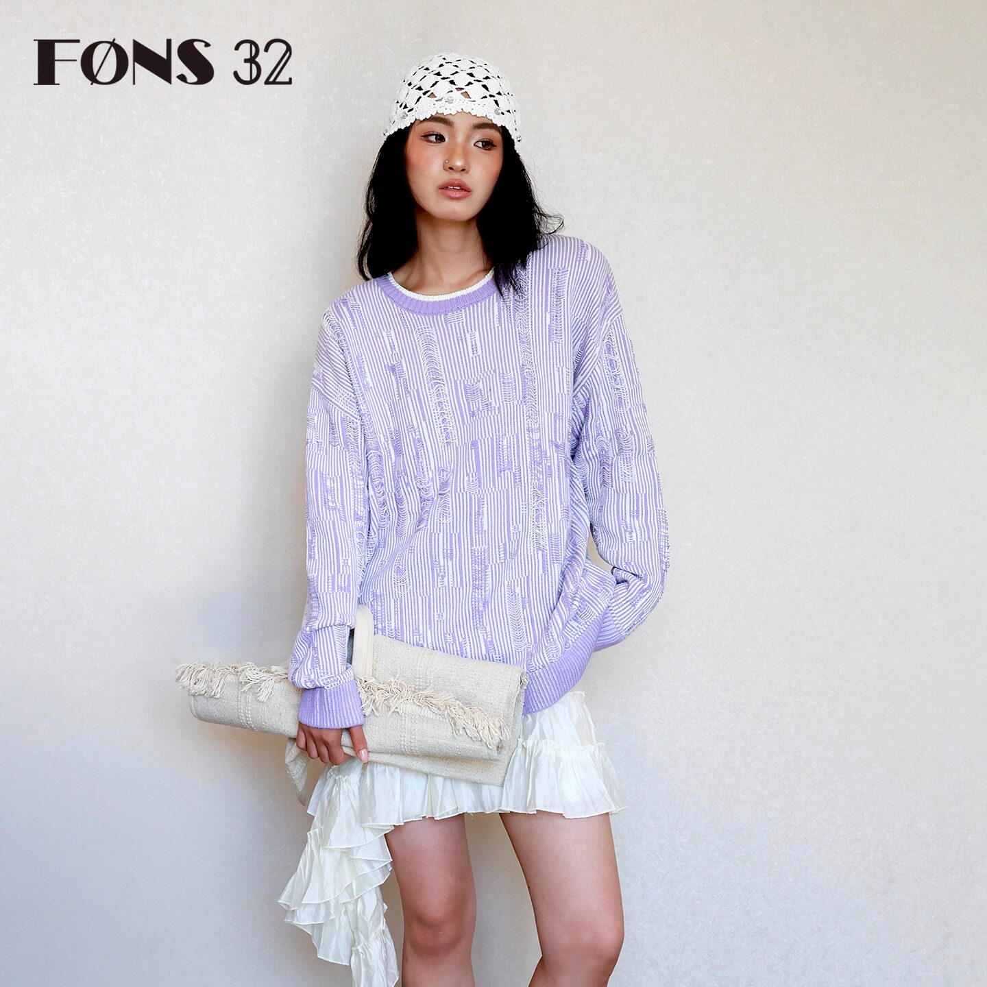 FONS32新款慵懒高级感毛衣女紫色立体提花套头针织衫上衣女