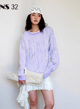 FONS32新款慵懒高级感毛衣女紫色立体提花套头针织衫上衣女