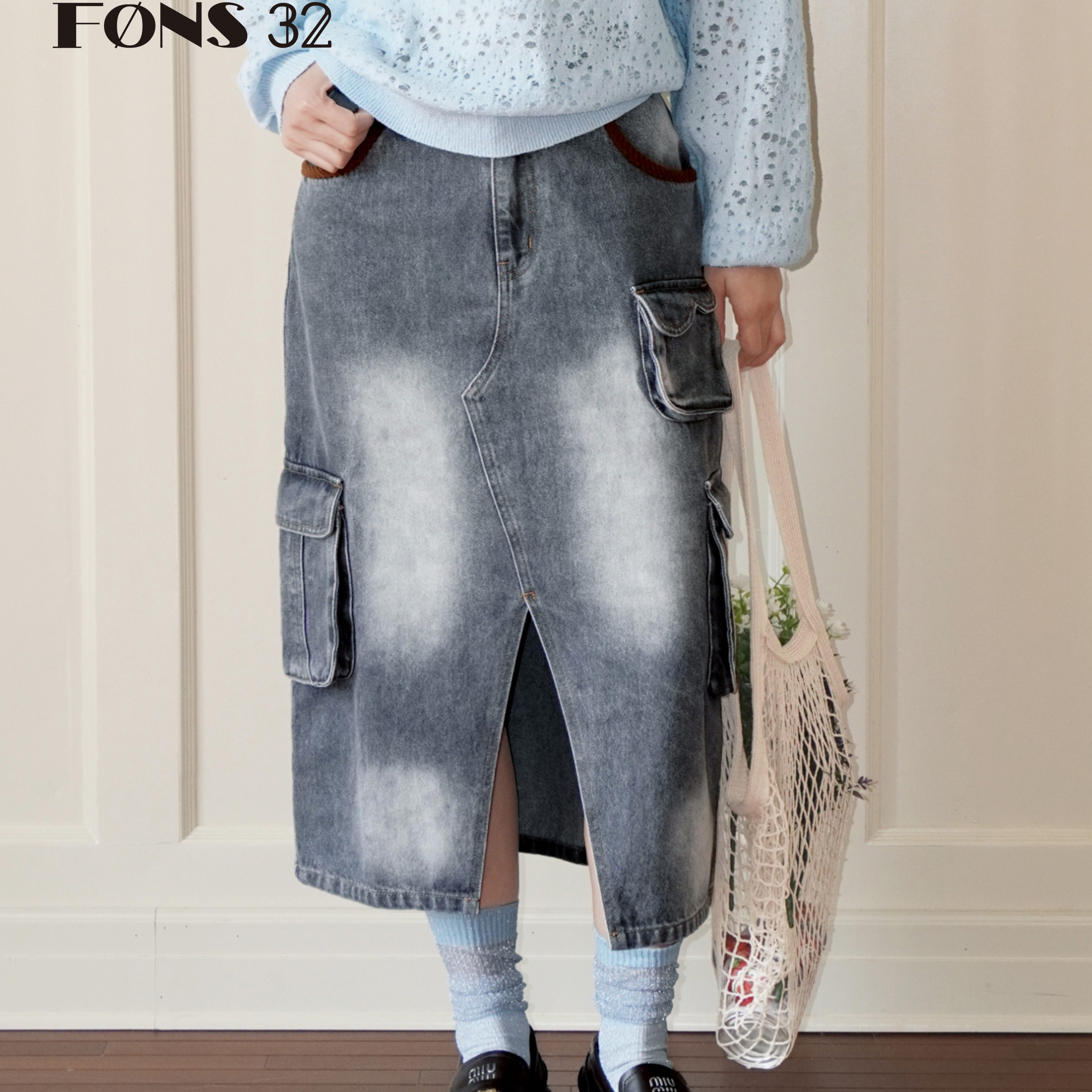 FONS32【明星同款】灯芯绒拼接高腰牛仔裙长裙半身裙女