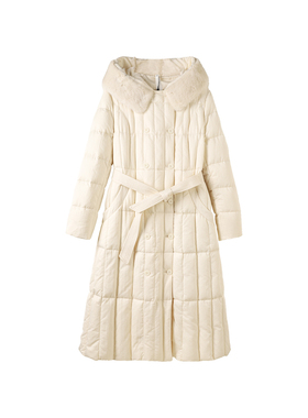 TX65711-长款水貂毛领连帽羽绒服长款系带外套