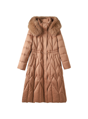 TX65658-狐狸毛领连帽女装长款羽绒服修身保暖显瘦外套冬