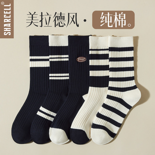 复古黑色棉袜长筒堆堆条纹长袜春夏2025新款 袜子女纯棉中筒袜夏季