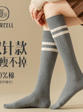 小腿袜女春秋纯棉显瘦长筒袜日系JK条纹半腿中筒半筒及膝灰色长袜