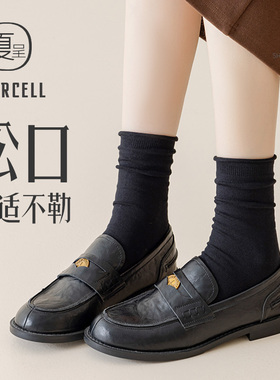黑色堆堆袜女纯棉秋冬中筒日系防臭抗菌无骨卷边松口长袜配小皮鞋