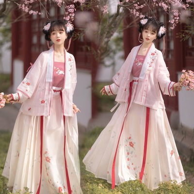 taobao agent Original summer ancient style Hanfu's placket embroidery half -sleeved bright one -piece horsepower skirt