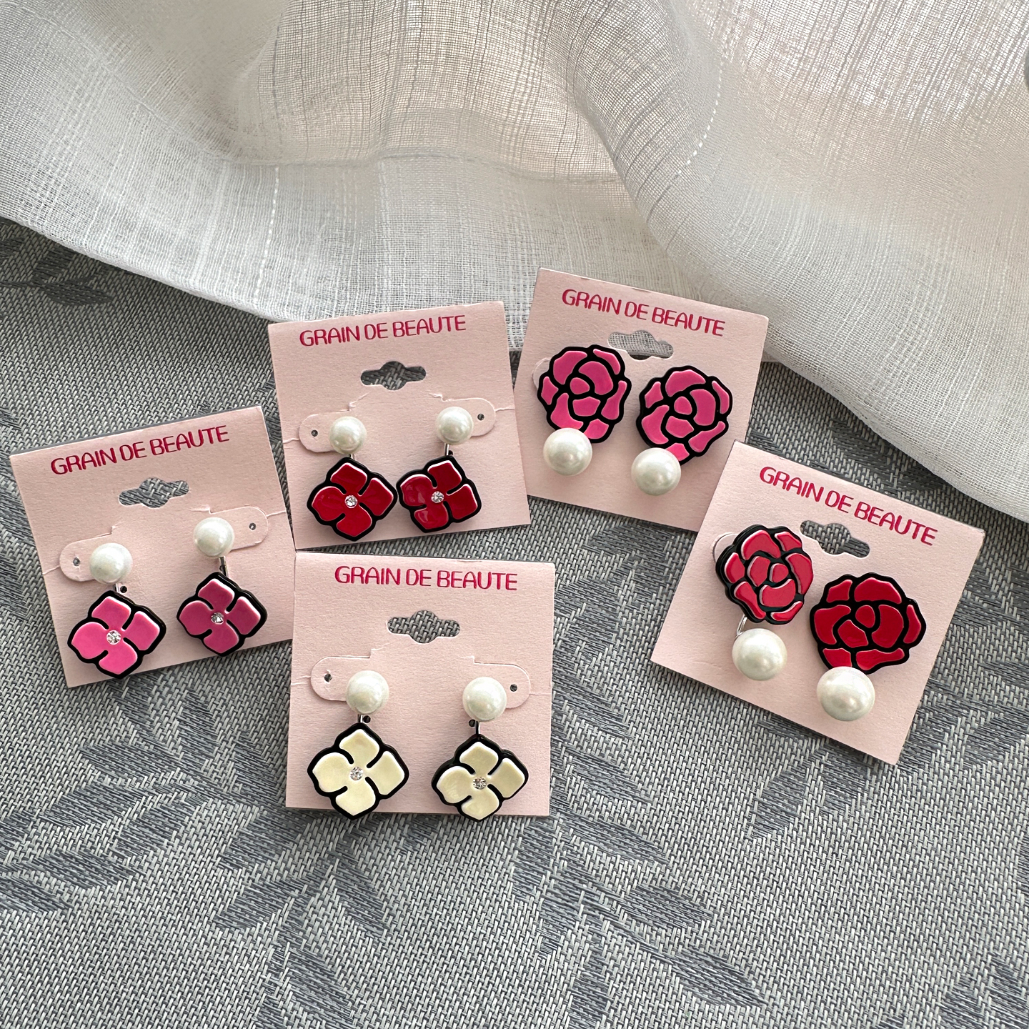 韩国AZNAVOUR/GRAIN de BEAUTE百搭时尚猫咪花朵耳钉长款耳环耳饰