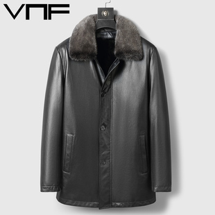 头层牛皮真皮羽绒服皮衣男中长款皮毛一体水貂内胆爸爸皮夹克外套