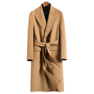 纯羊毛双面呢大衣男中长款2024新款双排扣过膝腰带双面羊绒外套冬