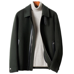短款双面羊绒大衣男质感纯羊毛呢新款秋冬真皮拼接飞行员夹克外套