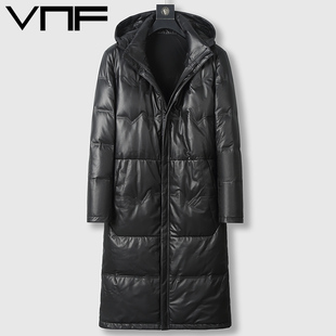 冬季海宁真皮皮衣男过膝长款可脱卸连帽头层小牛皮羽绒服保暖外套