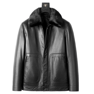 海宁皮衣男新款头层牛皮真皮白鹅绒皮夹克爸爸皮毛一体外套加厚冬