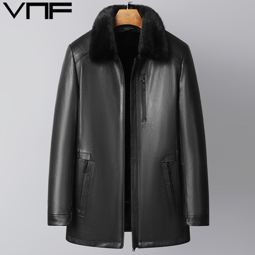 爸爸款水貂内胆真皮皮衣外套翻领
