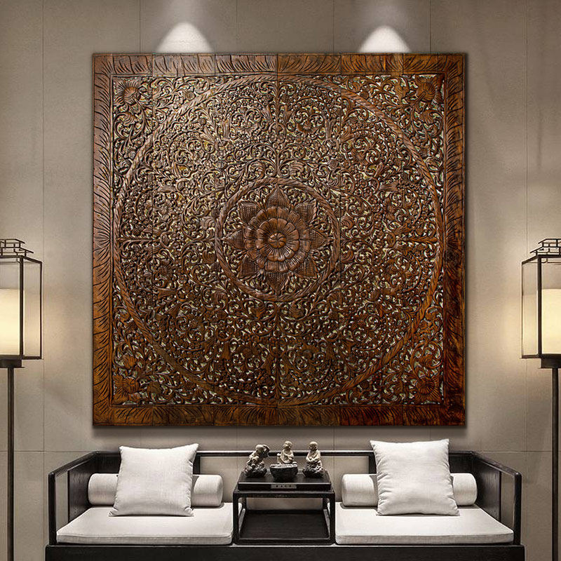 异丽家居柚木雕花板样板房装饰壁挂酒店会所背景墙壁挂美容院墙饰