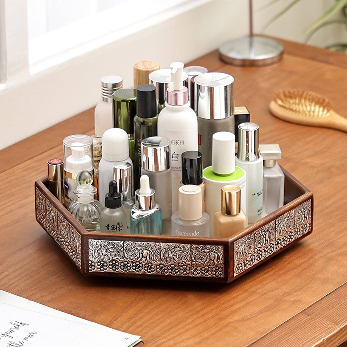 异丽旋转实木复古化妆品收纳盒