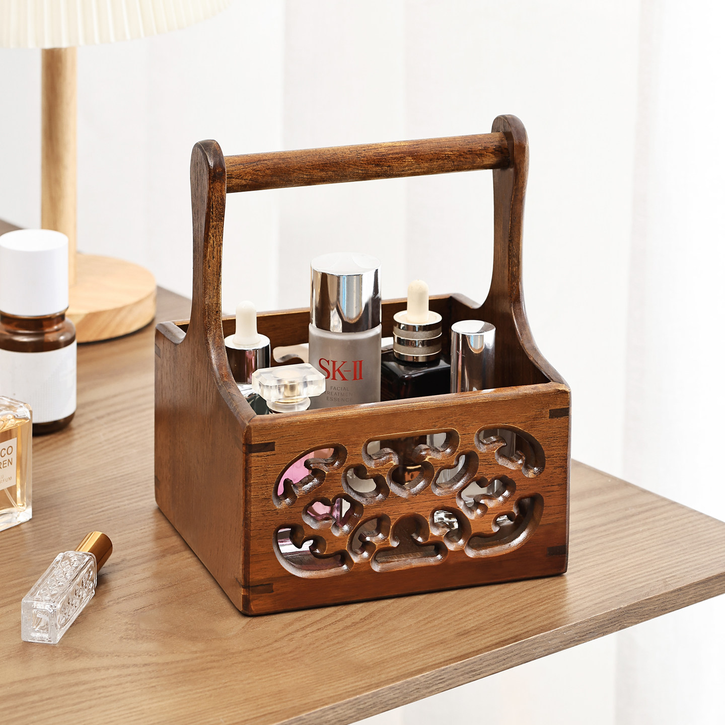 异丽实木桌面手提收纳盒复古木质化妆品护肤品杂物收纳篮中式果篮