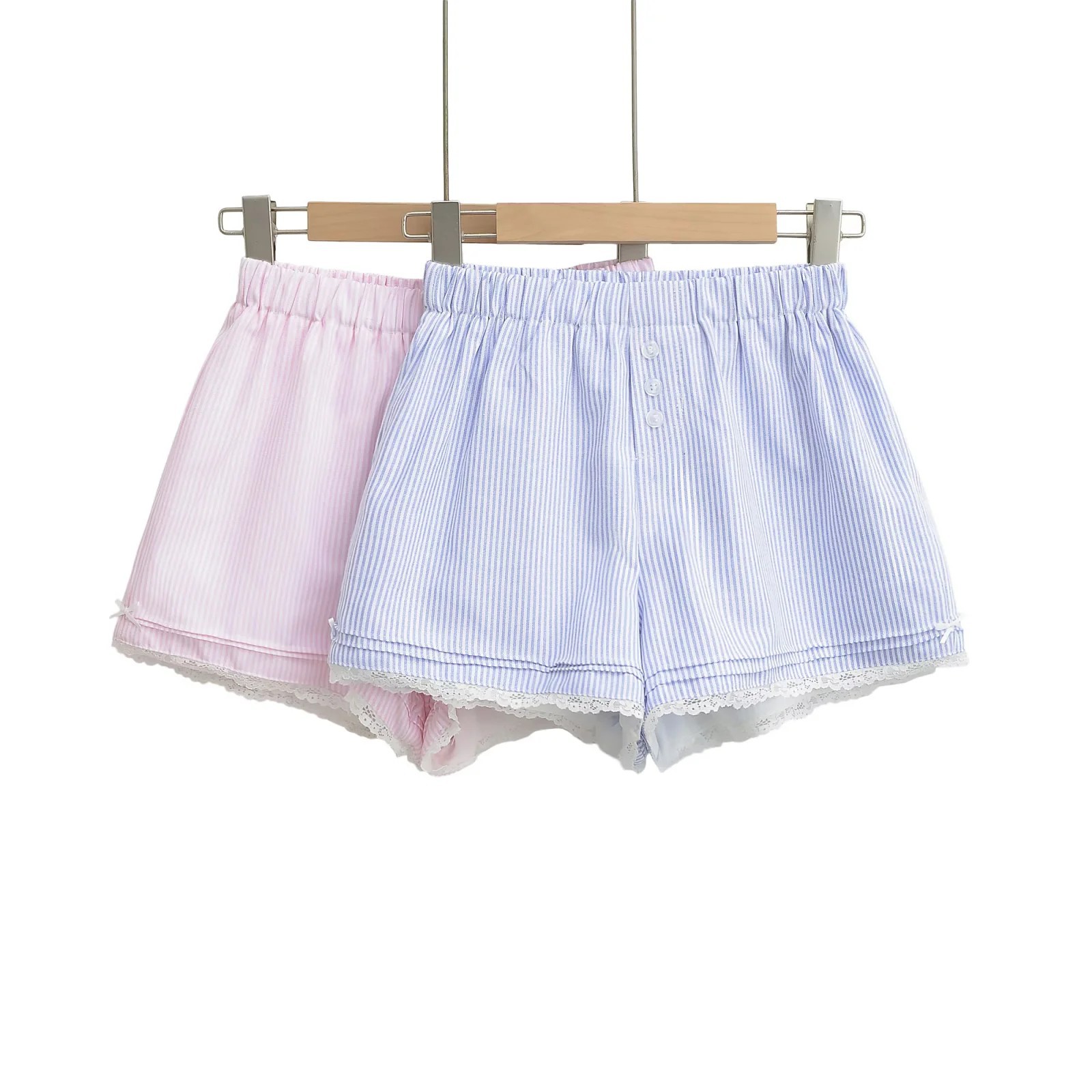 甜美少女花边外穿休闲短裤女潮流高腰居家睡裤蕾丝条纹三分裤夏季