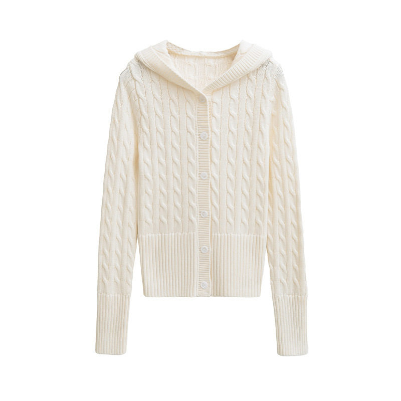 慵懒风复古麻花连帽针织衫女开衫时尚百搭单排扣修身纯色毛衣秋季