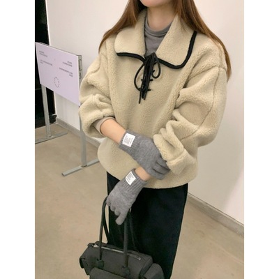 摇粒绒翻领系带卫衣外套女复古