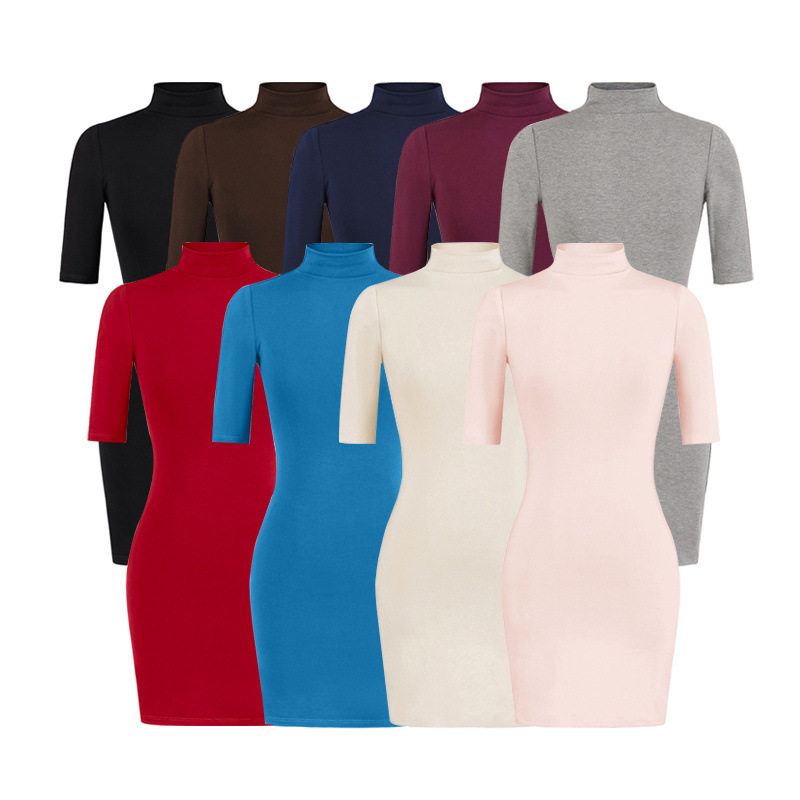 纯欲风高领中袖包臀连衣裙弹力紧身纯色辣妹打底短裙2026春季新款