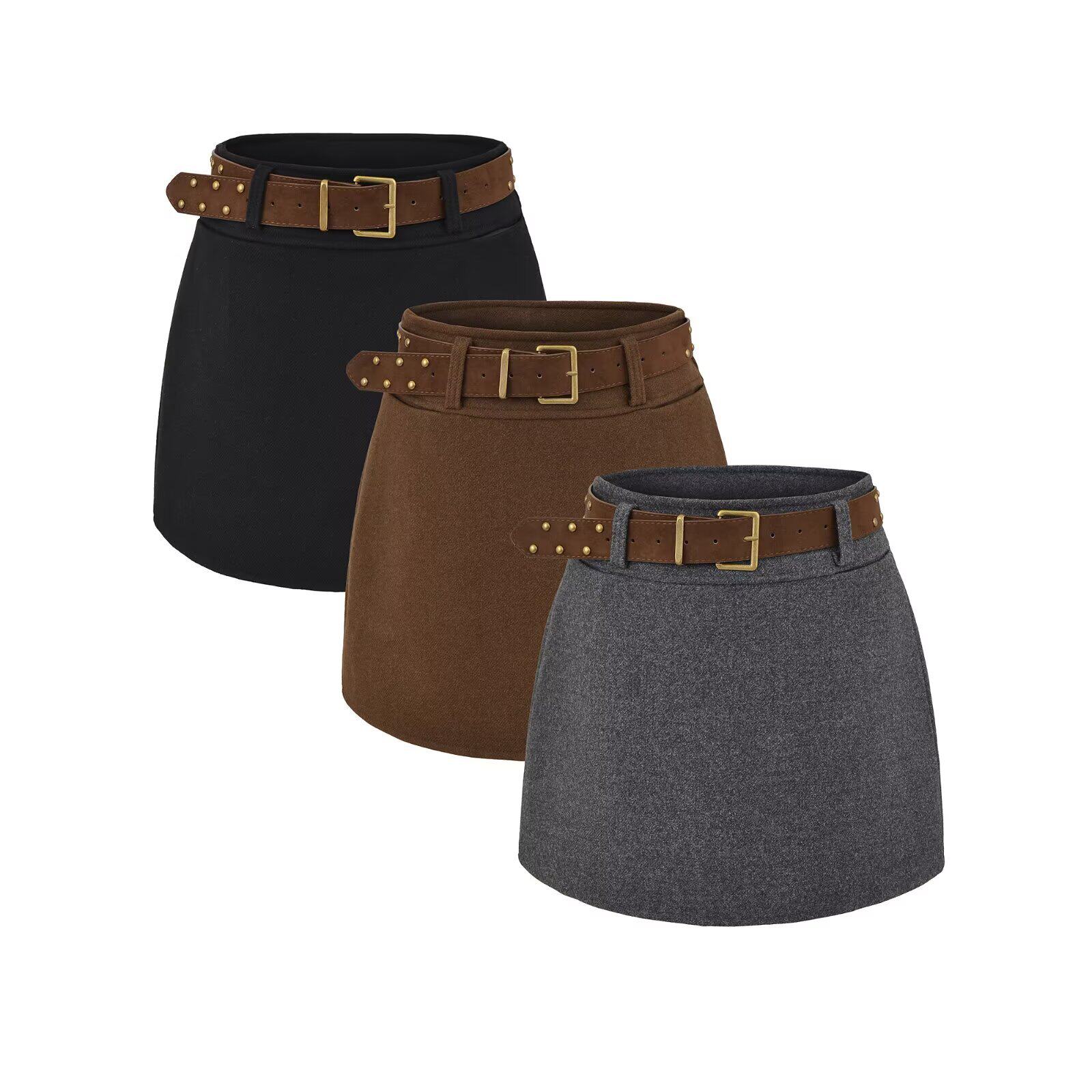 欧美风秋冬款时尚高腰纯色毛呢半身裙修身显瘦百搭防走光A字短裙