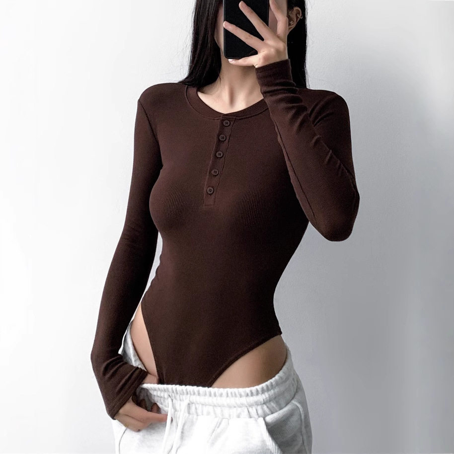纯欲风辣妹性感圆领纽扣长袖连体衣修身内搭纯色打底上衣秋季新款,女装/女士精品,连体衣/裤,淘宝优惠券,粉丝福利购,淘宝优惠卷