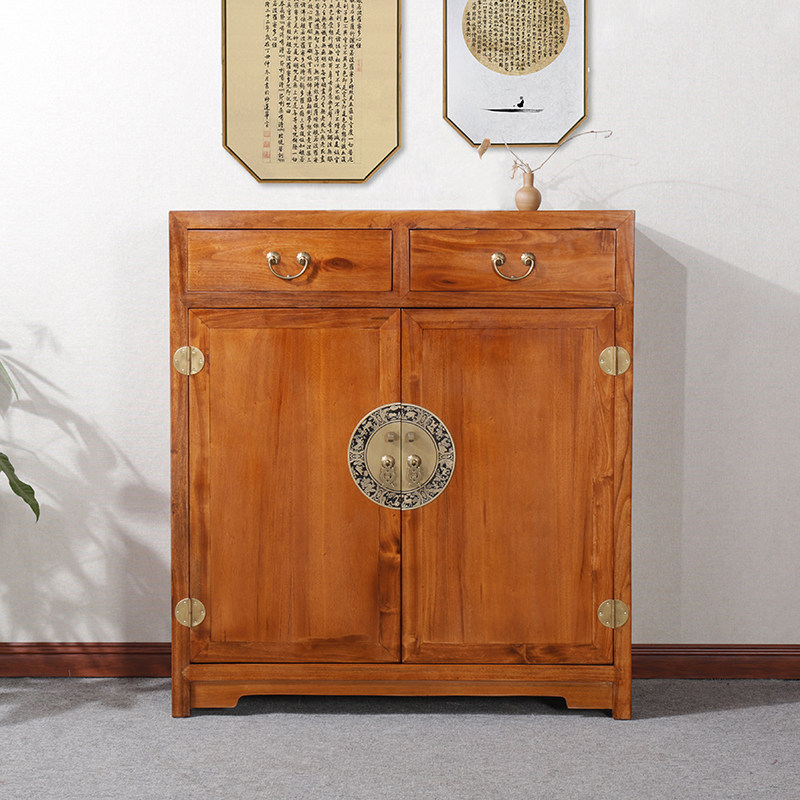 新中式实木鞋柜门厅收纳柜香樟木大容量储物柜彩绘玄关整装隔断柜