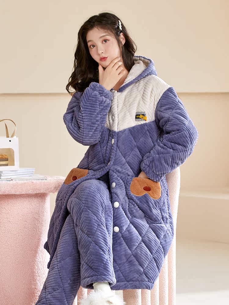 PAJAMAS WOMENS AUTUMN AND WINTER CORAL VELVET AND THICKENED THREE-LAYER PADDED DRESSING GOWNS WEAR SWEET AND CUTE HOODED LOUNGEWEAR