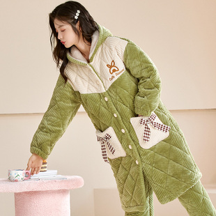 珊瑚绒中长款睡袍女款秋冬季2025新款三层夹棉加厚加绒保暖家居服