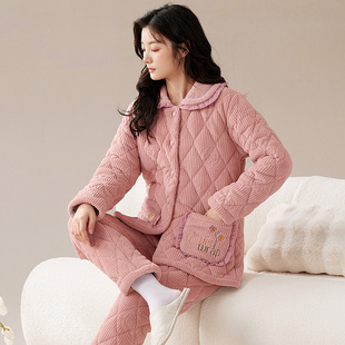 秋冬天睡衣女三层加厚夹棉袄珊瑚绒保暖加绒加厚可外穿家居服套装