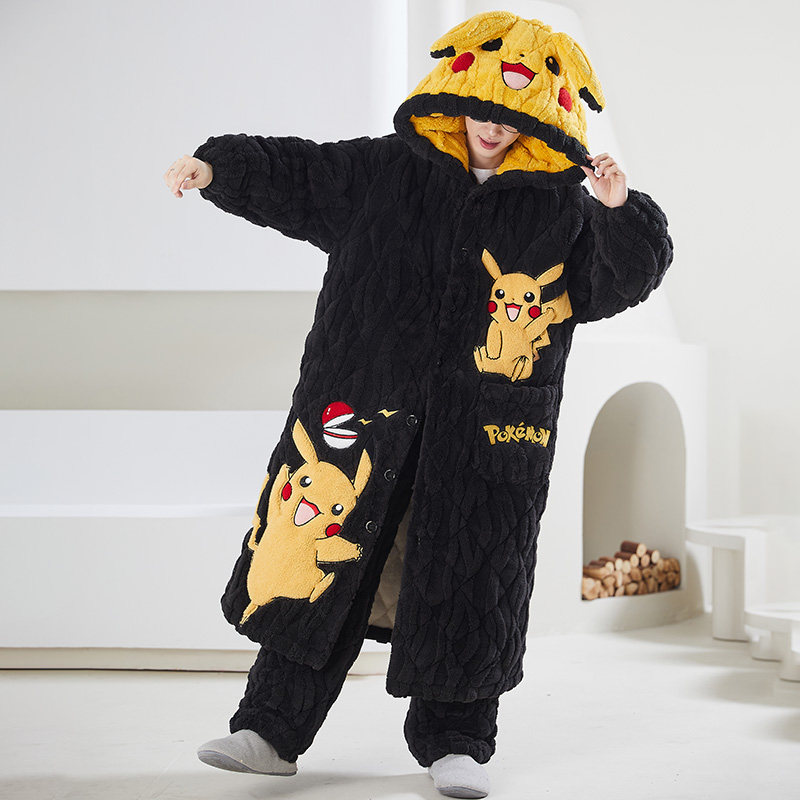 珊瑚绒睡衣男士秋冬季三层夹棉加绒加厚青少年冬天长款睡袍家居服