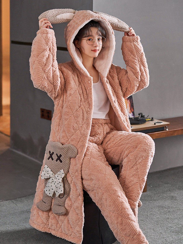 CORAL VELVET NIGHTGOWN WOMENS LONG AUTUMN AND WINTER THREE-LAYER PADDED JACKET THICKENED VELVET PAJAMAS WOMENS WINTER LOUNGEWEAR SET