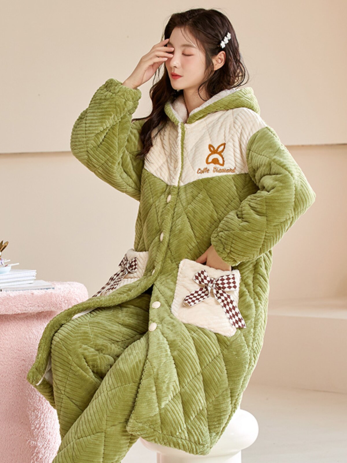 CORAL VELVET MID-LENGTH DRESSING GOWN WOMENS AUTUMN AND WINTER 2023 NEW THREE-LAYER PADDED PADDED PLUSH WARM LOUNGEWEAR