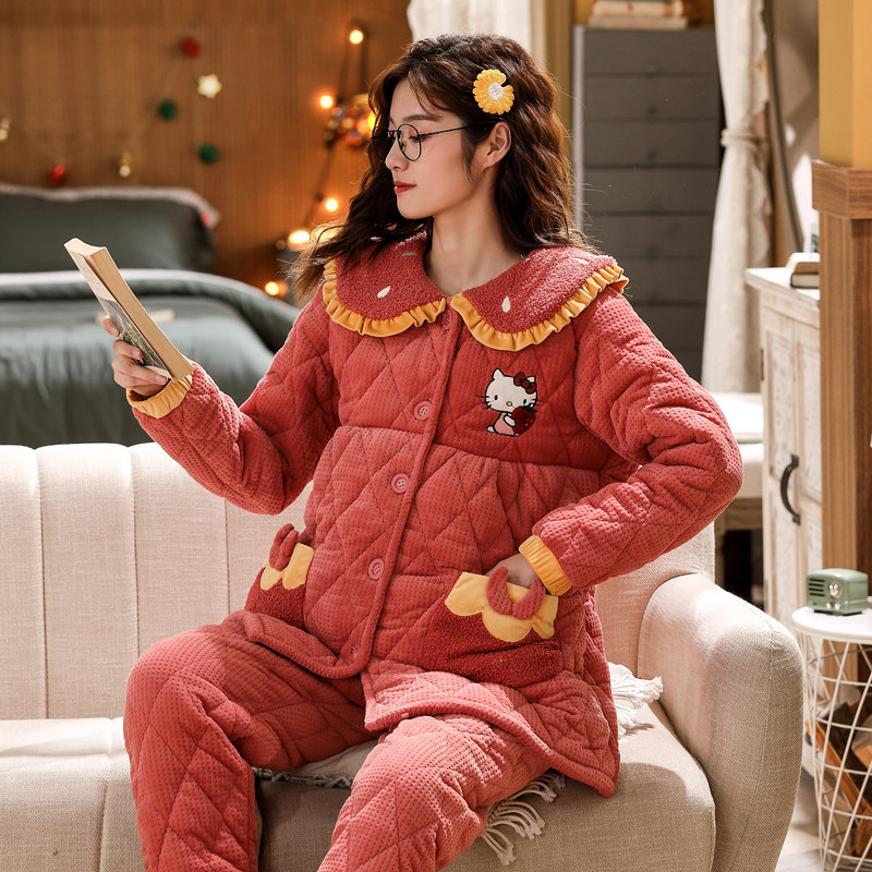 孕妇睡衣冬季珊瑚绒夹棉三层加厚保暖怀孕期外穿秋冬天加绒家居服