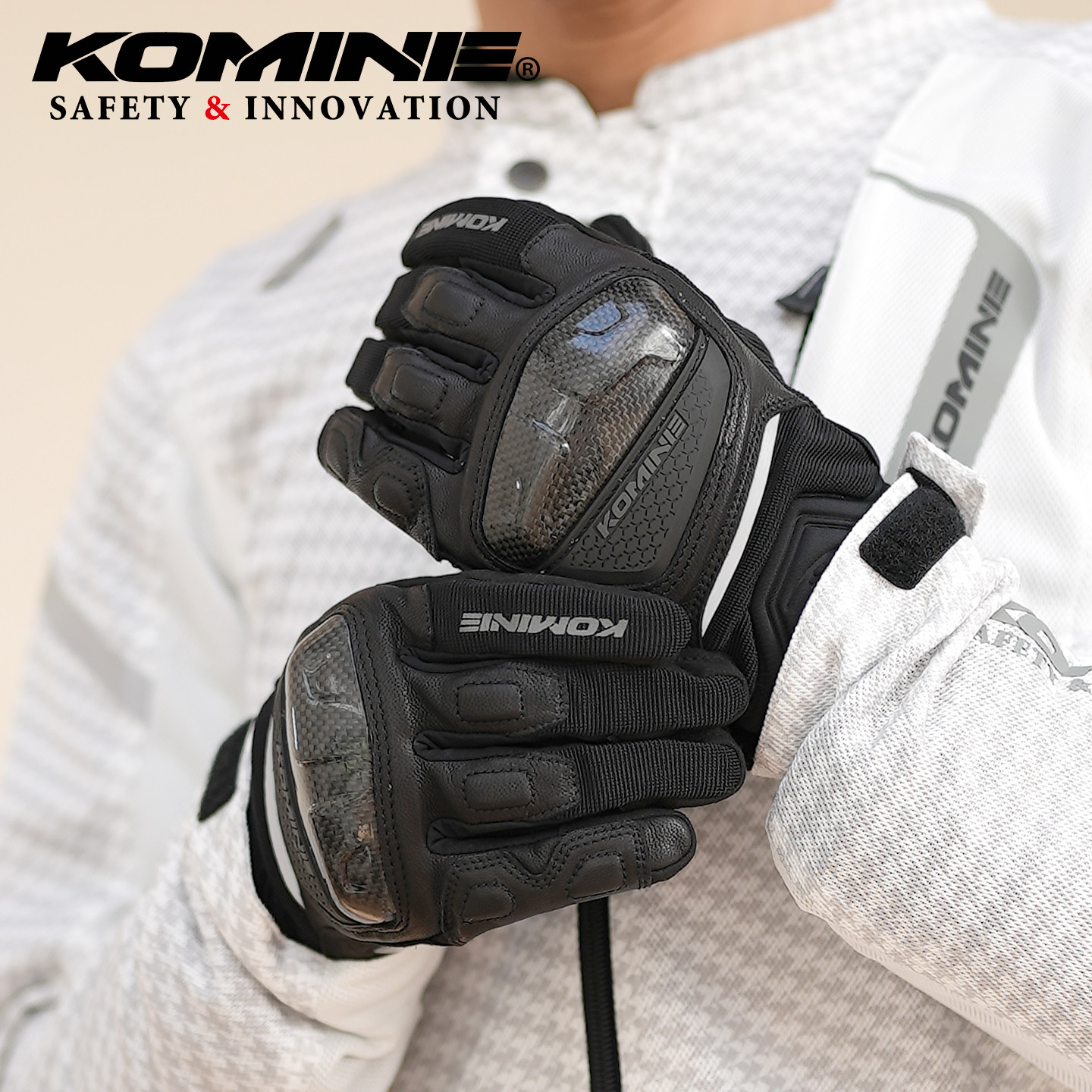 KOMINE夏季摩托车骑行手套高防护碳纤护甲羊皮拼接机车手套GK-268