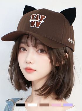 新款浅紫色时尚可爱带猫耳朵字母棒球帽子女春秋夏遮阳鸭舌帽百搭