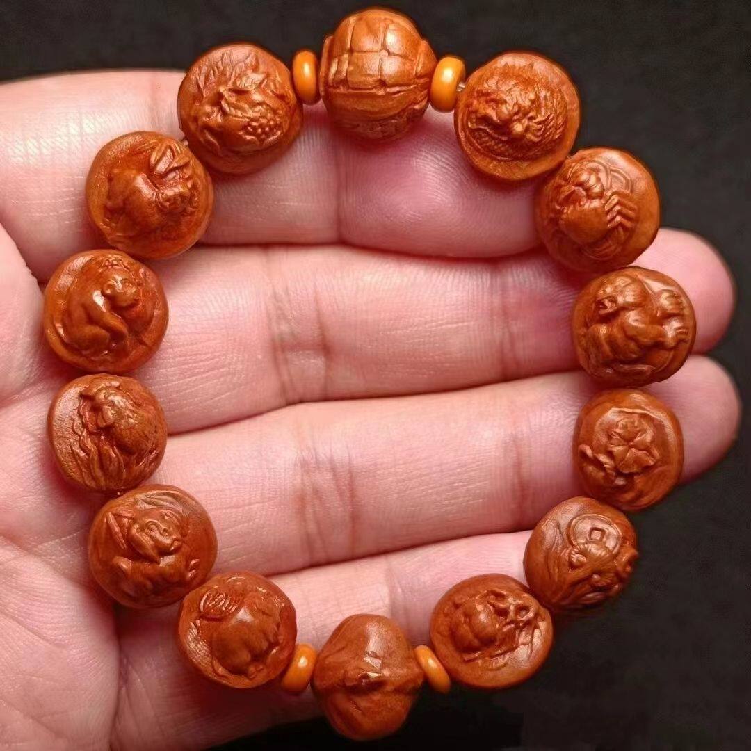 保真龙纹桃核雕刻十二生肖浮雕双面核雕文玩手串大籽礼物