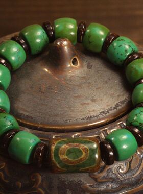 原矿绿松石手串配三眼天珠文玩盘玩古风手链手饰潮男个性礼物