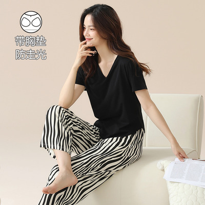 带胸垫睡衣女纯棉短袖家居服