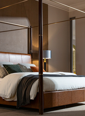 美式复古全实木1.8米双人床真皮轻奢主卧大床别墅原木四柱软包床