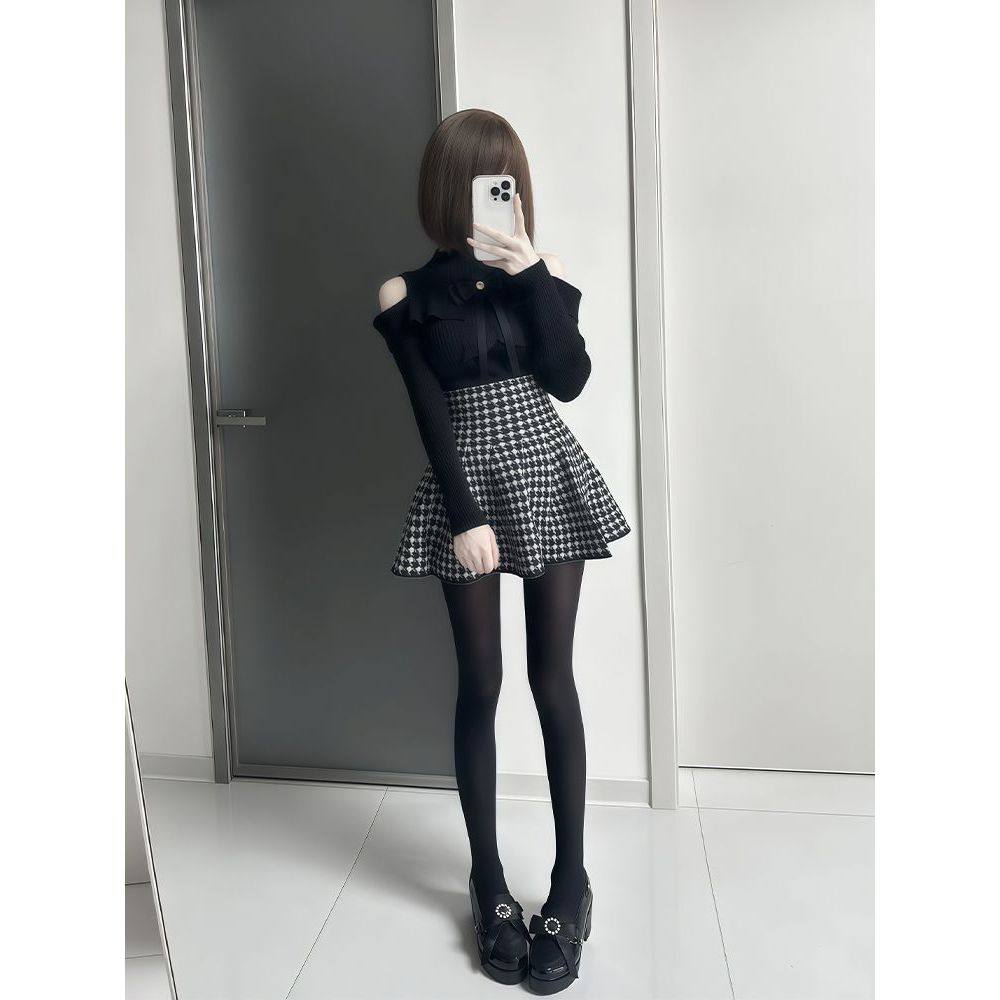 【竹影生香】秋冬款气质露肩上衣+高腰短裙两件套女百搭显瘦穿搭,女装/女士精品,时尚套装,淘宝优惠券,粉丝福利购,淘宝优惠卷