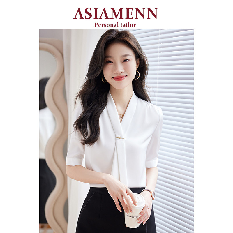 白色雪纺衬衫2026新款女短袖衬衫时尚设计感白领通勤商务职业套装